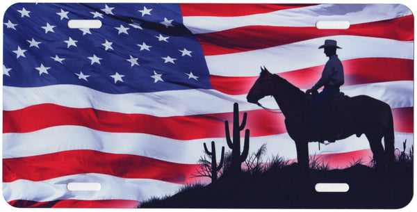 Cowboy with US Flag Auto Tag